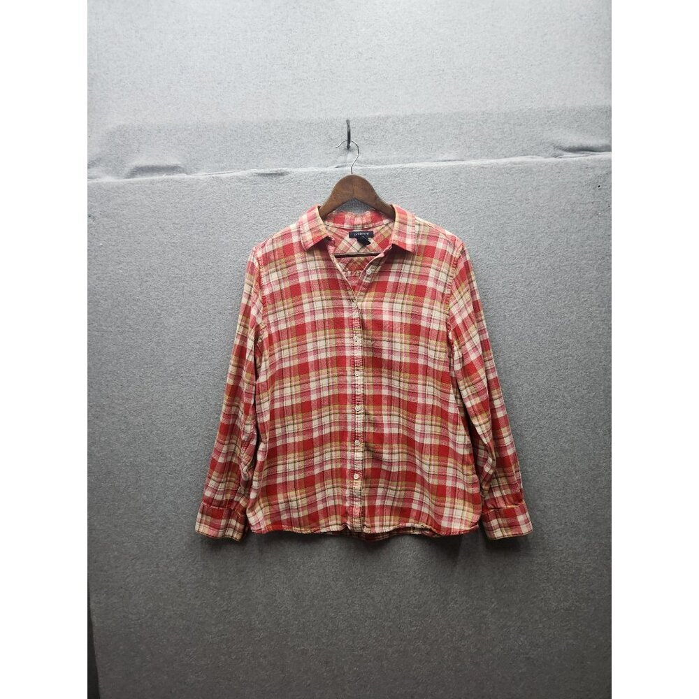 Lands End Womens Plaid Flannel Shirt Size L 14-16 Red/Yellow Cotton Blend Long S